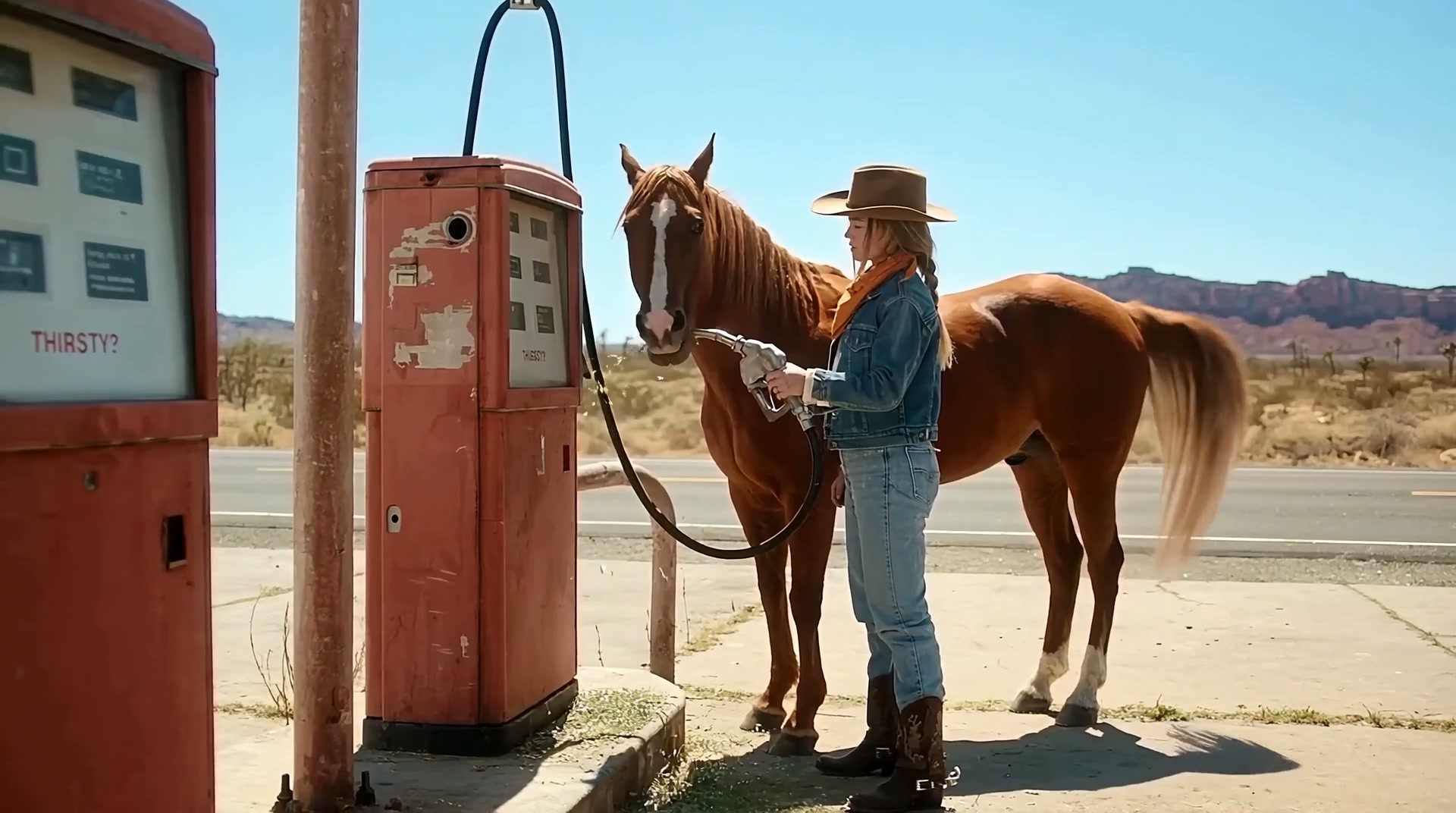 A cowboy and a horse in the gas station scene, creating a visual contrast with a space designed for cars.
